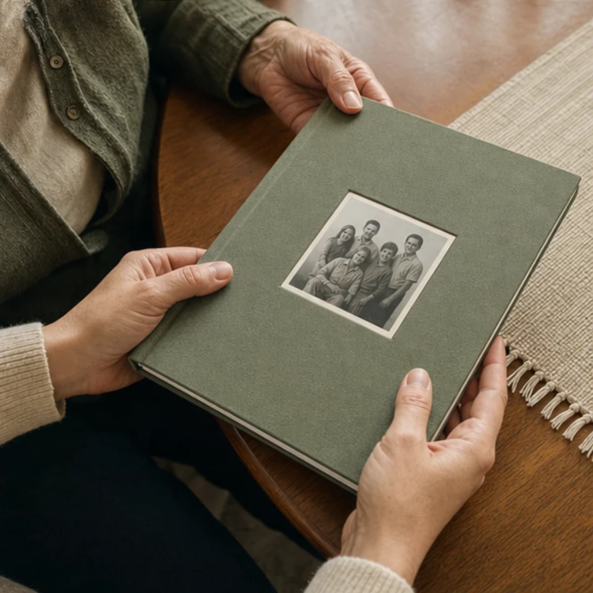 รูปภาพ · มือถือหนังสือ memoir ปกแข็งบนโต๊ะไม้