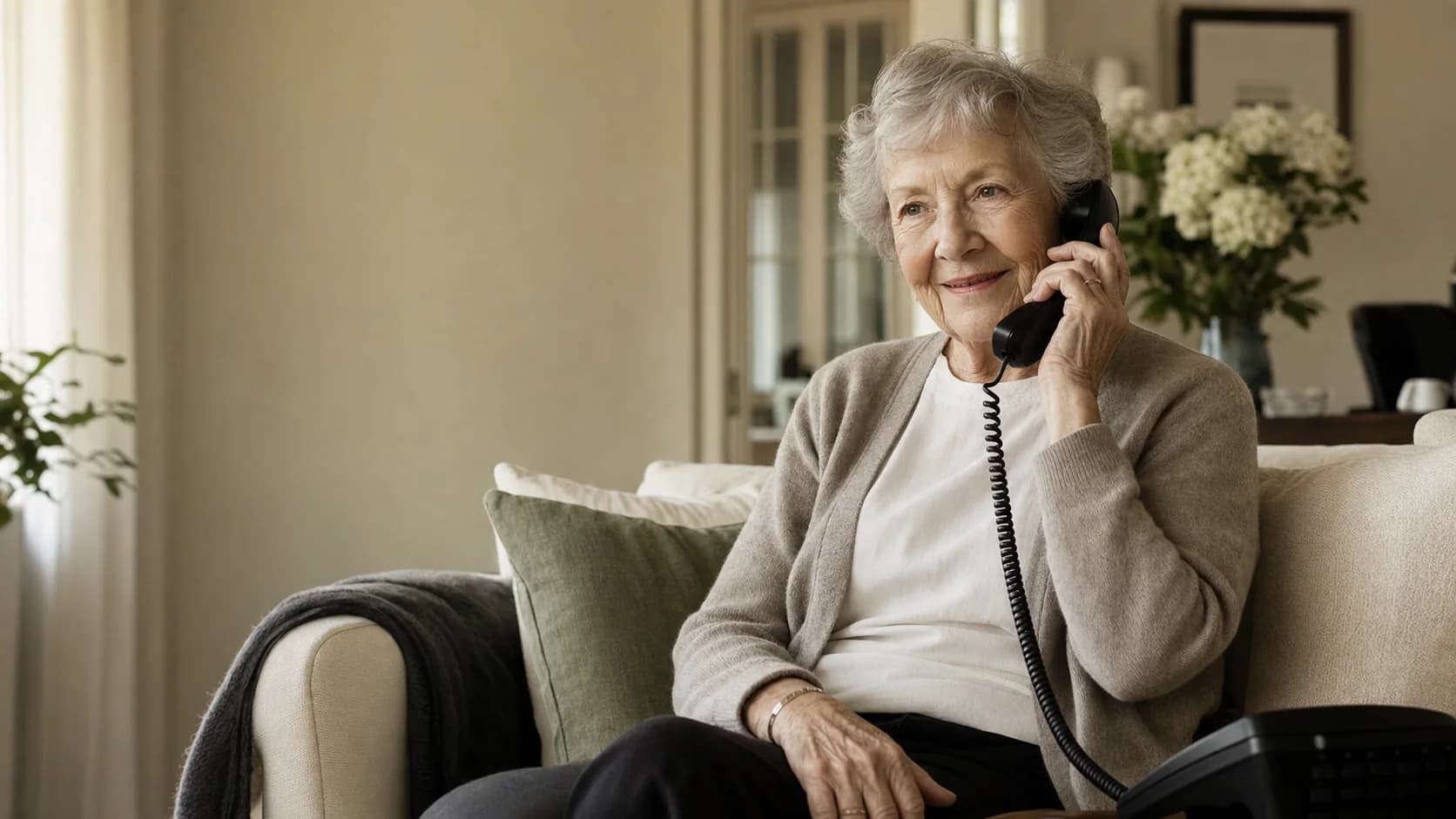 An older adult having a friendly phone conversation with Amigo.
