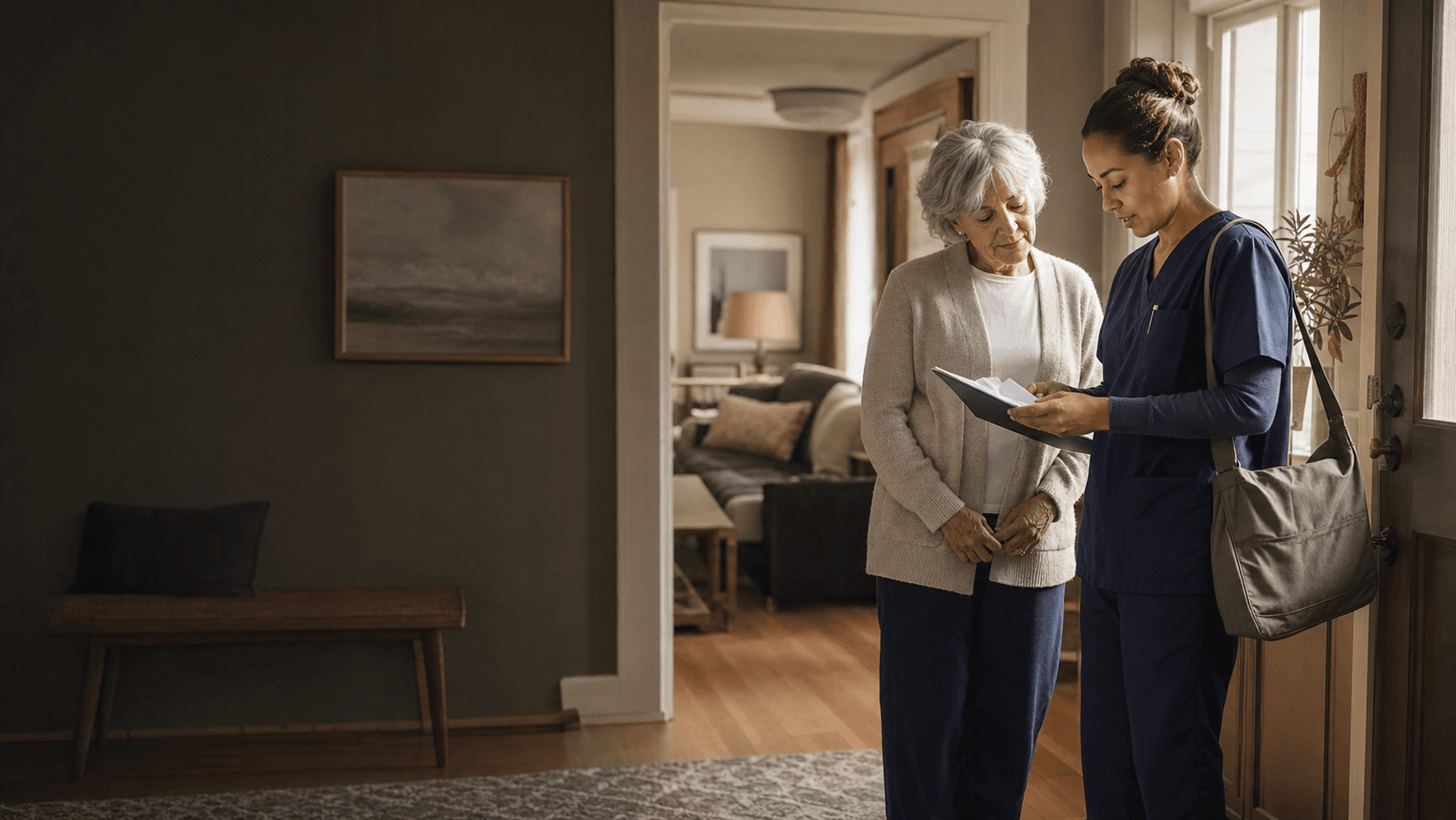 A home-care professional reviewing a care plan with an older adult.